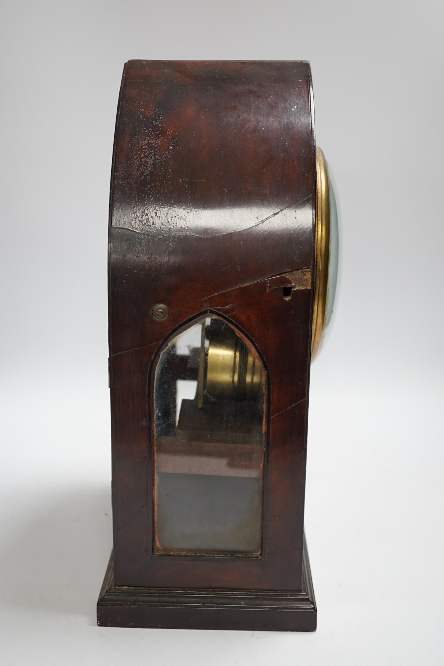 An early 19th century mahogany-cased lancet bracket timepiece, single fusee movement, 37.5cm (A/F)